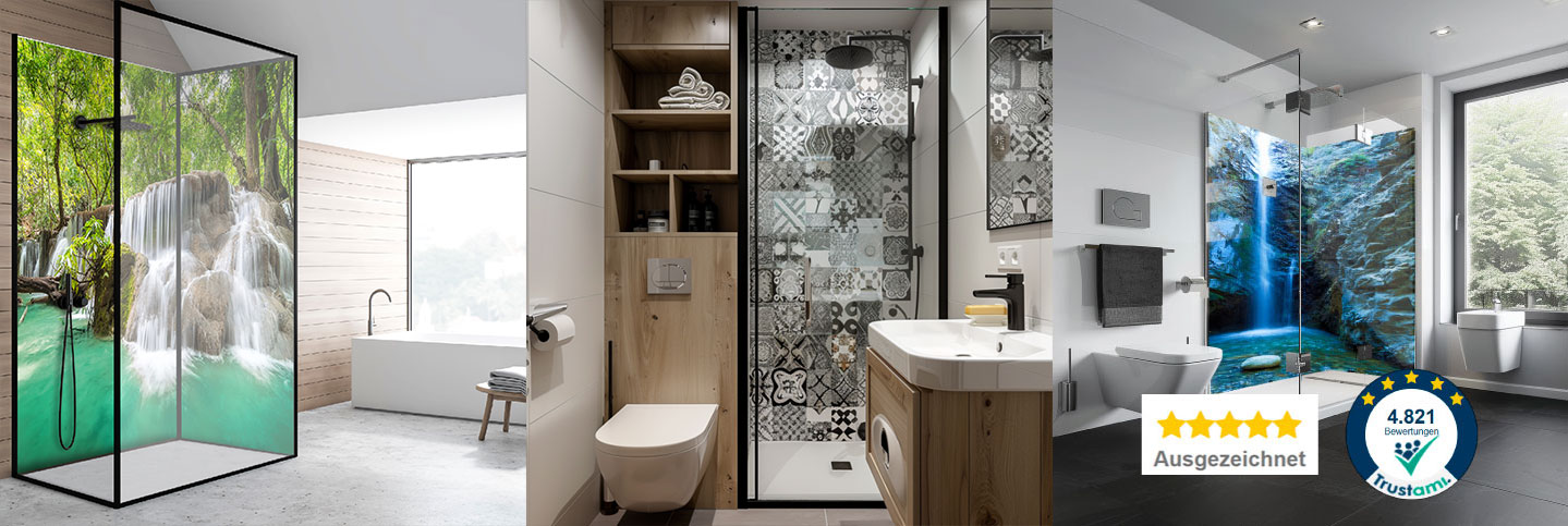 Drei Badezimmer mit kreativen Duschwanddesigns: Natursteinfluss, schwarz-weiß gemustert, Wasserfallansicht.