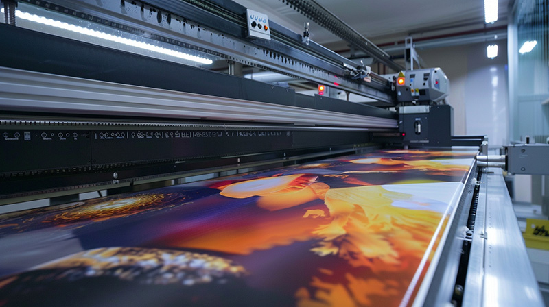 Nahaufnahme einer Großformatdruckmaschine, die ein farbenfrohes Bild druckt